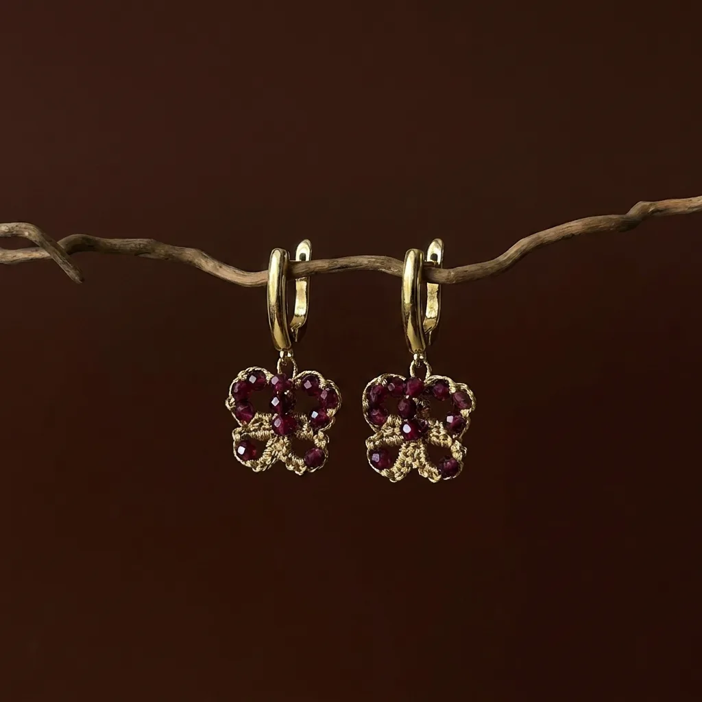 Aros Granate Bordó de encaje frivolité dorado con granates facetados, colgados de una rama sobre fondo marrón