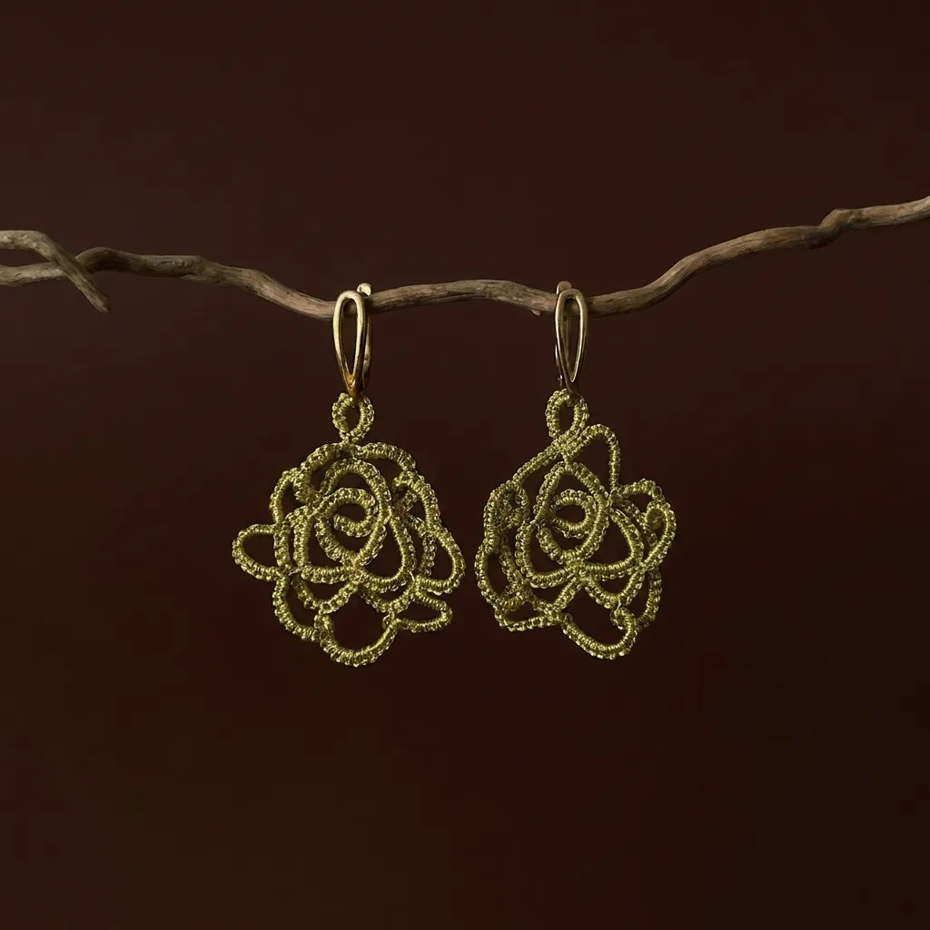 Aros Rosa Dorada de encaje frivolité con forma de rosa dorada, colgados de una rama sobre fondo marrón oscuro