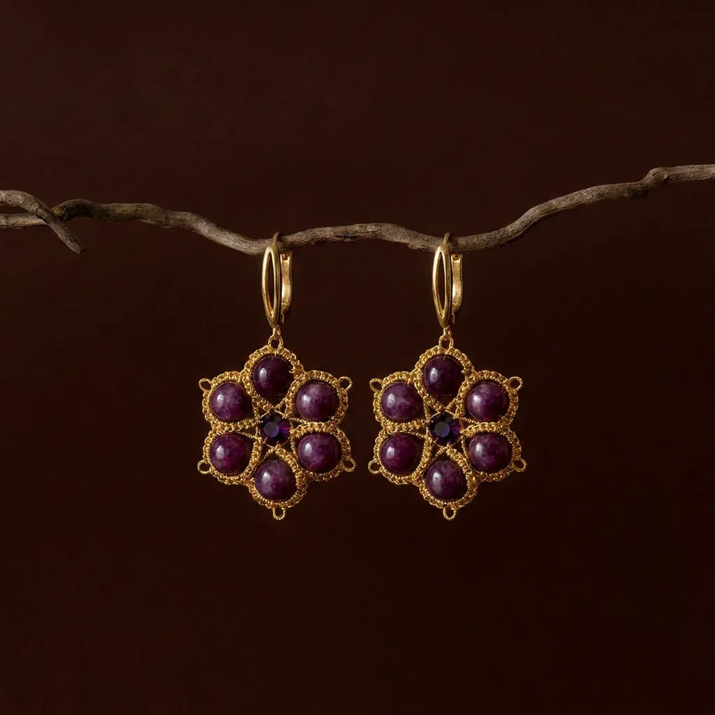 Aros Trébol Borgoña de encaje frivolité dorado con cuentas borgoña, colgados de una rama sobre fondo marrón oscuro