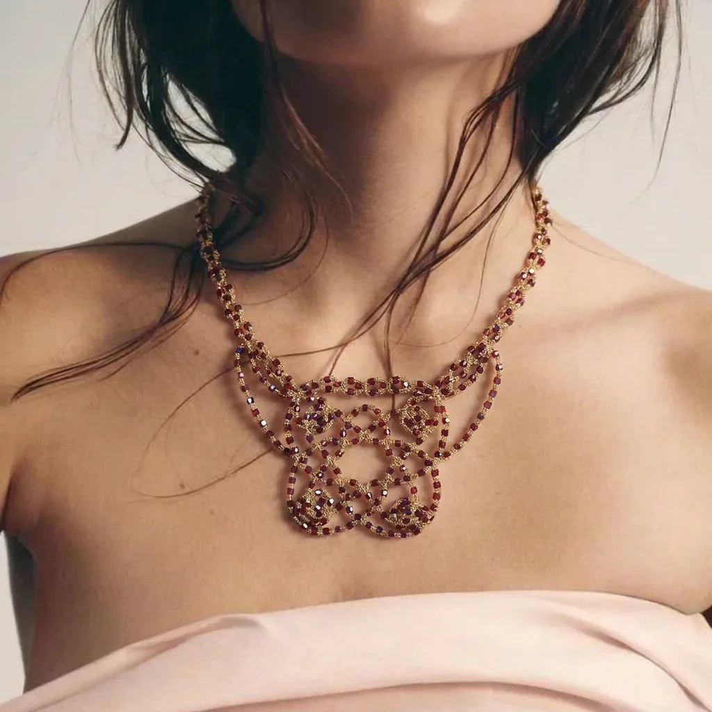Collar Vino Chic de encaje frivolité con mostacillas granate y doradas, puesto en el cuello