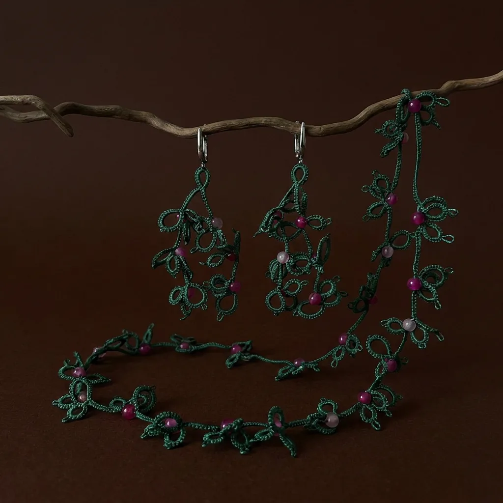 Conjunto Enredadera Esmeralda de encaje frivolité verde con mostacillas fucsias, colgado de una rama sobre fondo marrón