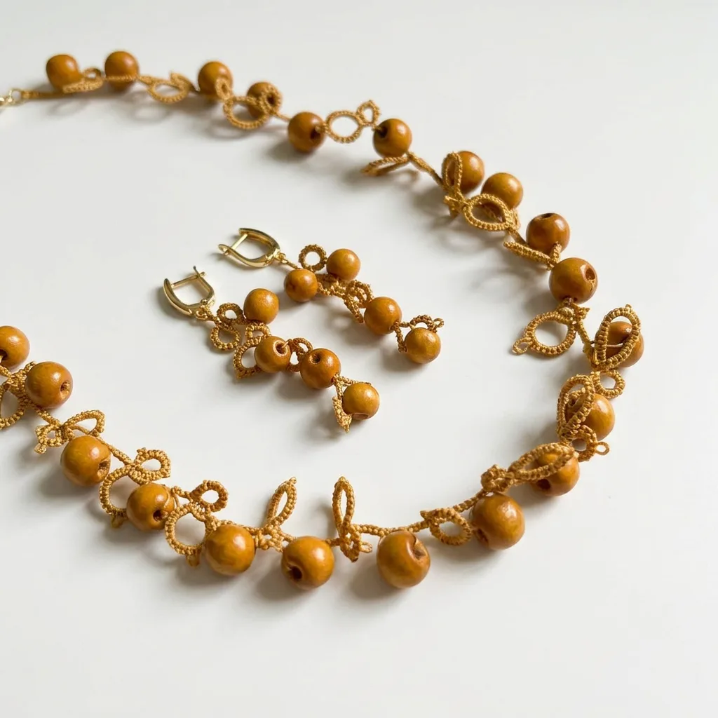 Conjunto Jengibre de encaje frivolité: collar y aros con cuentas ocre sobre fondo blanco